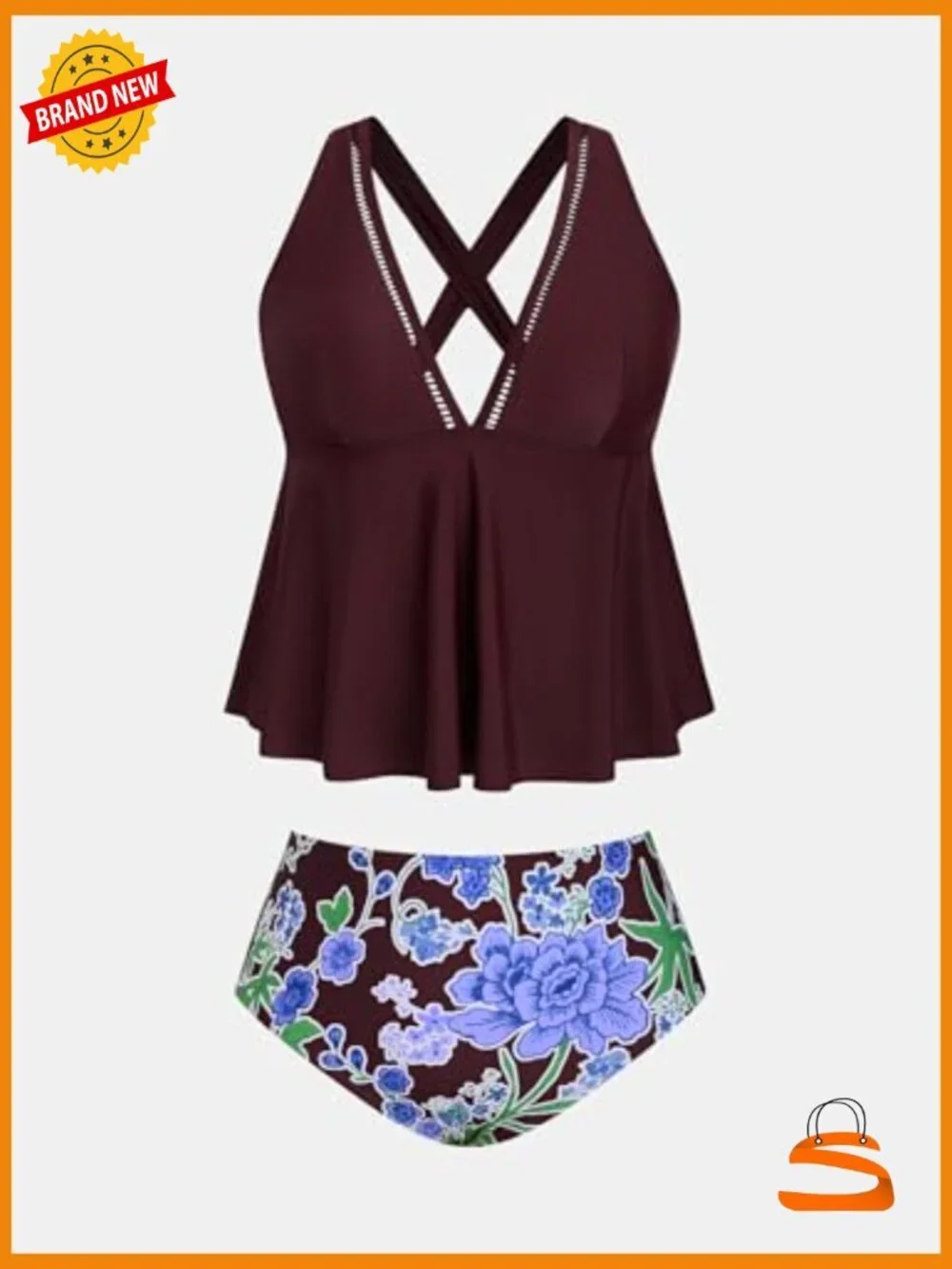 Plus Size V-Neck Tankini Set with Adjustable Straps and Mid Rise Bottoms